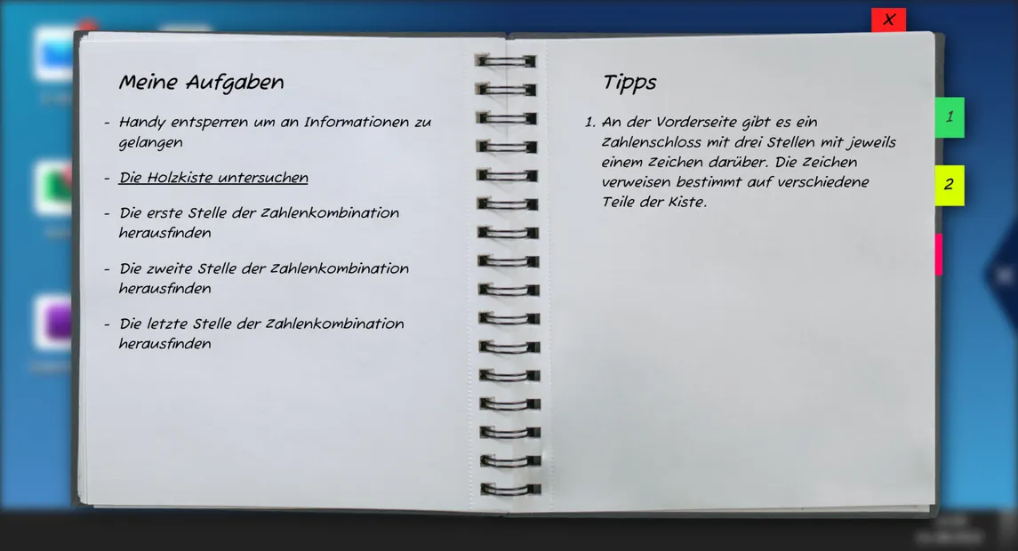 Screenshot der Spieloberfläche mit geöffneter Hilfefunktion.