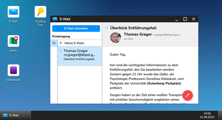 Screenshot der Spieloberfläche mit geöffnetem E-Mail Programm.